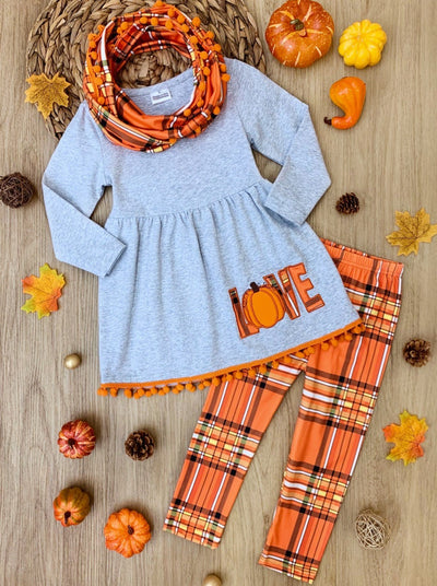 Girls long-sleeve tunic with plaid pumpkin "Love" graphic applique on skirt, pom-pom tassel hem, plaid leggings, and a matching infinity wrap scarf - Mia Belle Girls