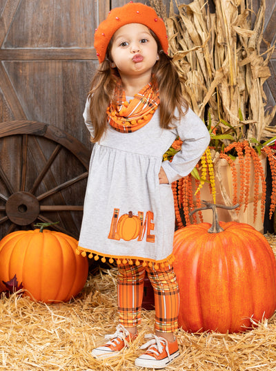 Girls Pumpkin Themed Tunic, Leggings & Scarf Set - Mia Belle Girls