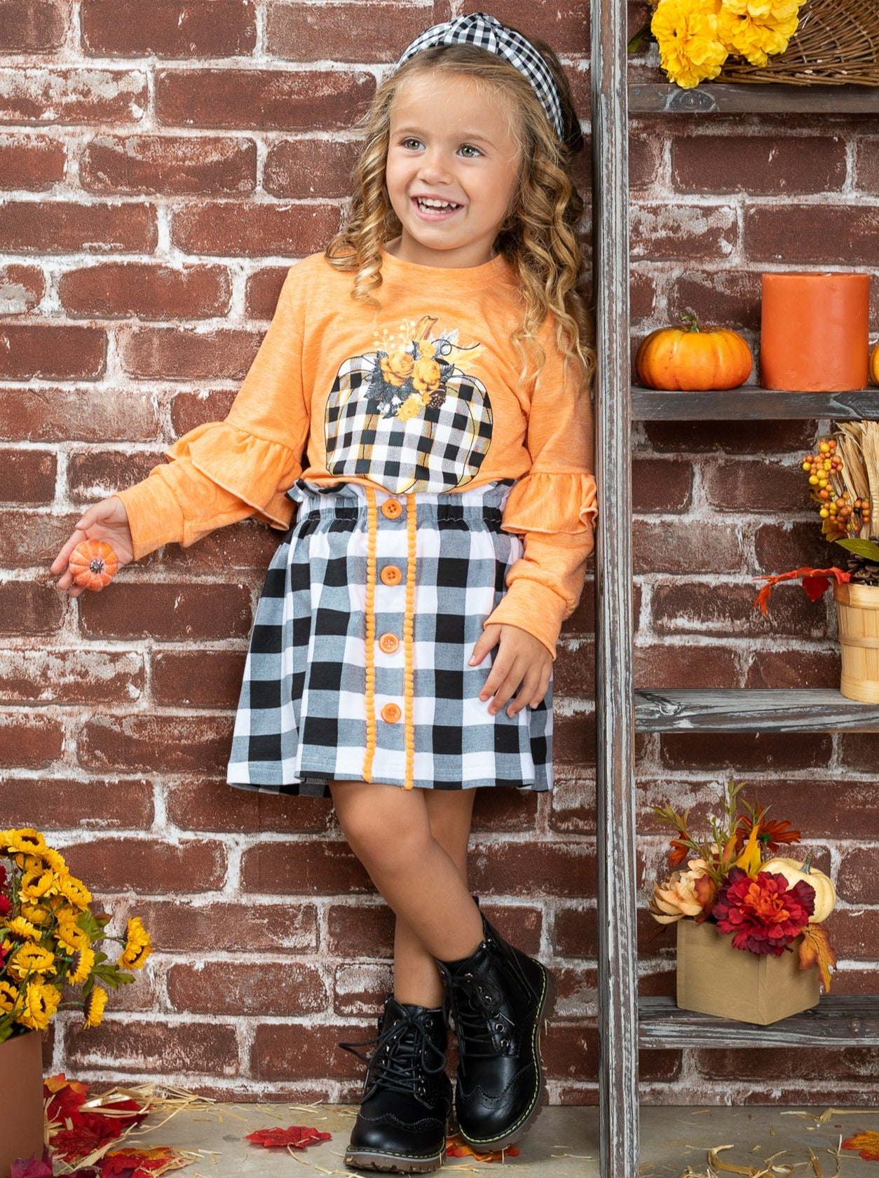 Girls Fall Outfits | Pumpkin Pullover & Skirt Set - Mia Belle Girls