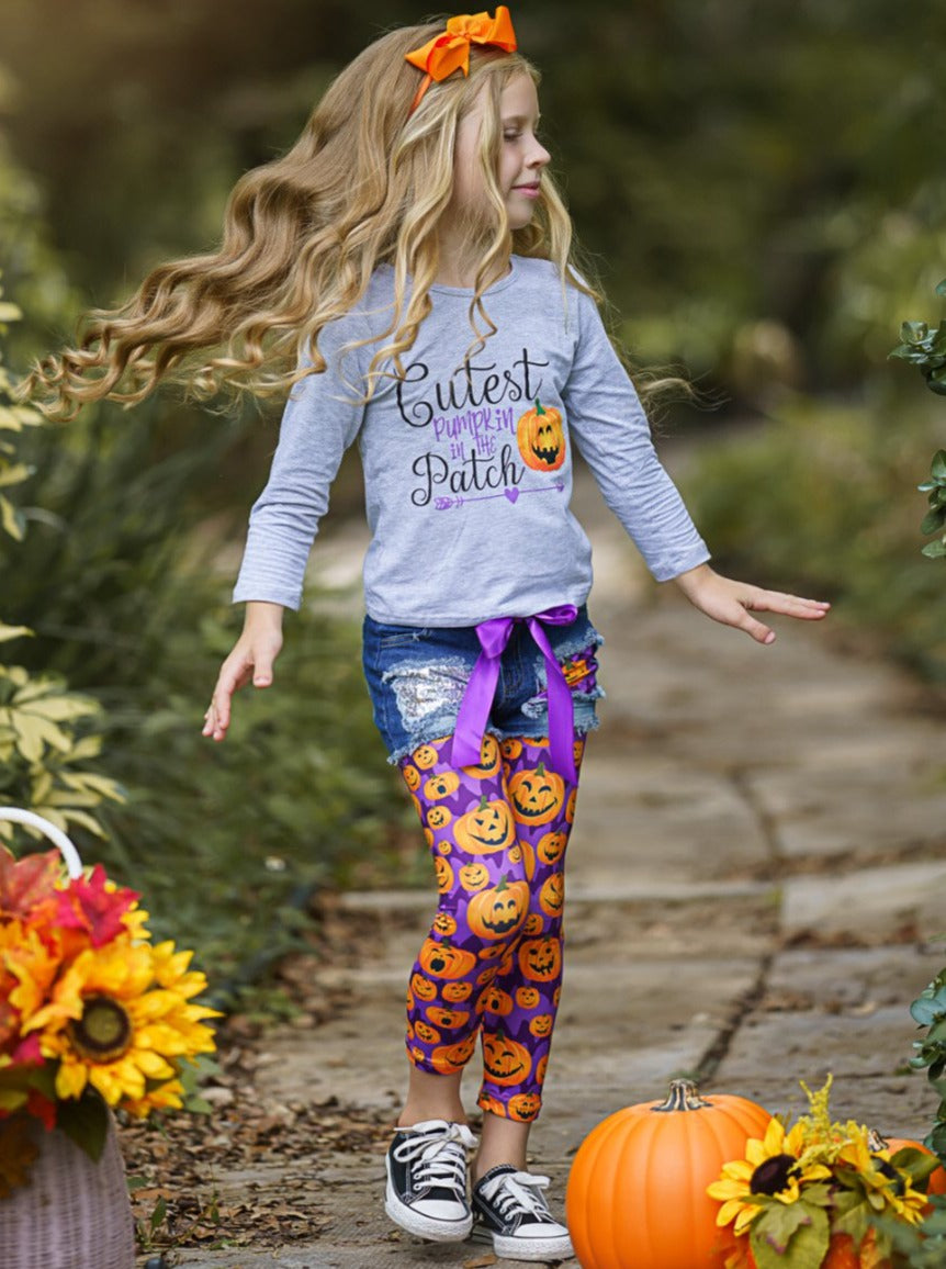Girls Pumpkin Top, Denim Shorts & Legging Set - Mia Belle Girls