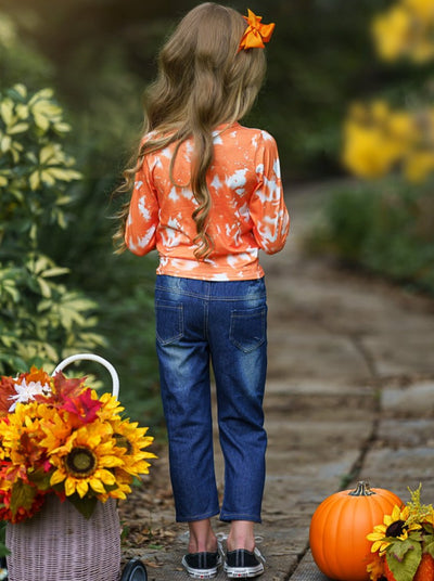 Toddlers Fall Outfits | Pumpkin Tie Dye Knit Hem Top Patched Jeans Set