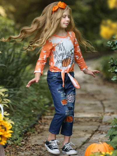 Toddlers Fall Outfits | Pumpkin Tie Dye Knit Hem Top Patched Jeans Set