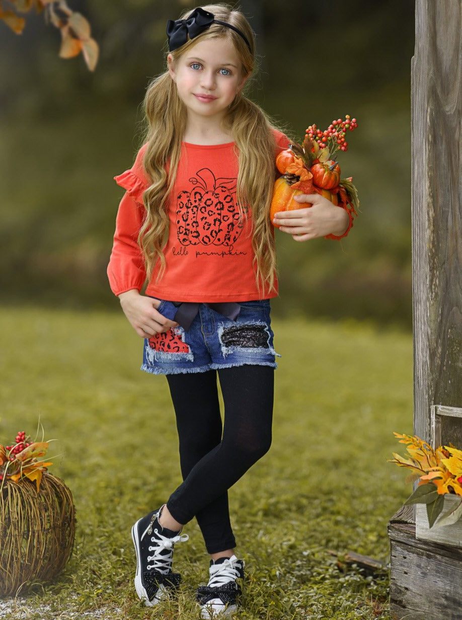 Girls Pumpkin Top Patched Denim Shorts & Legging Set - Mia Belle Girls