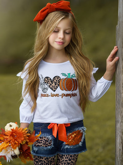 Cute Girls Fall Outfits | Pumpkin Top, Patched Shorts & Legging Set 
