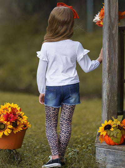 Cute Girls Fall Outfits | Pumpkin Top, Patched Shorts & Legging Set 