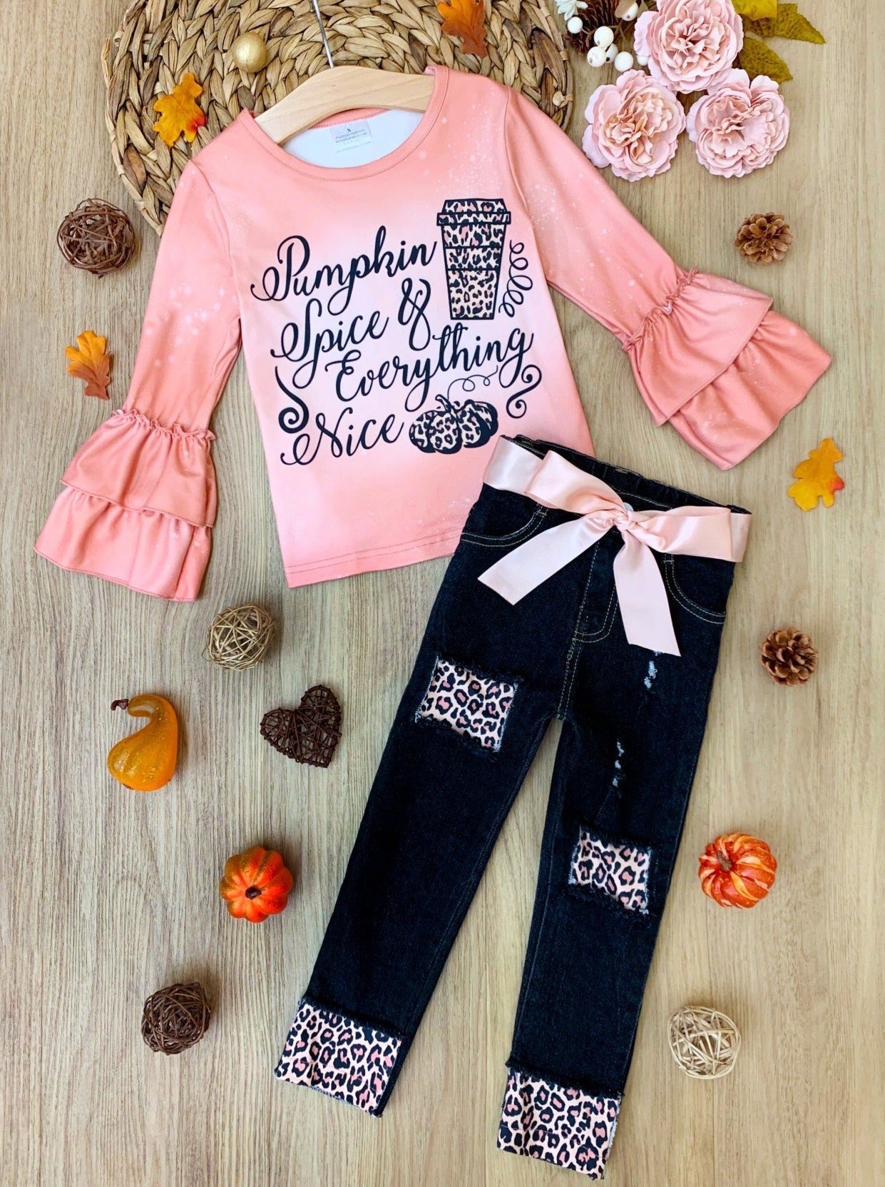 Little girls long-sleeve top with "Pumpkin Spice & Everything Nice" graphic print, double ruffle cuffs and leopard print patched jeans with sash belt - Mia Belle Girls