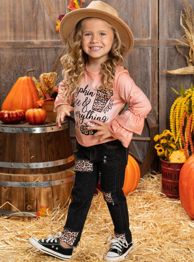 Little girls long-sleeve top with "Pumpkin Spice & Everything Nice" graphic print, double ruffle cuffs and leopard print patched jeans with sash belt - Mia Belle Girls