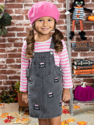Girls Halloween Apparel striped long-sleeved top with skull embroidered black denim overall dress - Mia Belle Girls