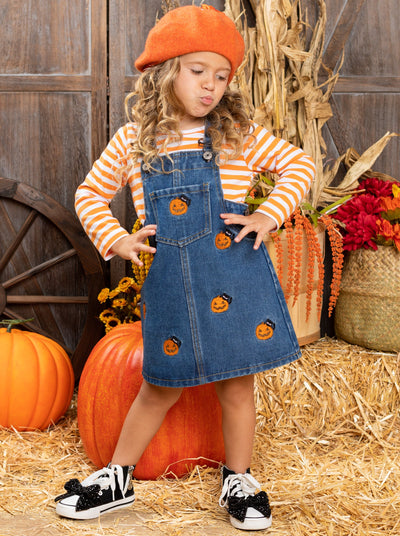 Girls Striped Top & Embroidered Pumpkin Overall Dress - Mia Belle Girls