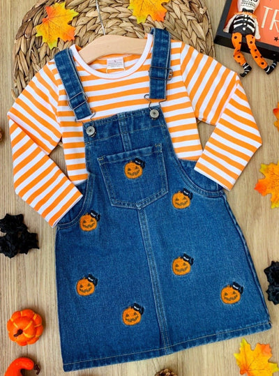 Girls Striped Top & Embroidered Pumpkin Overall Dress - Mia Belle Girls