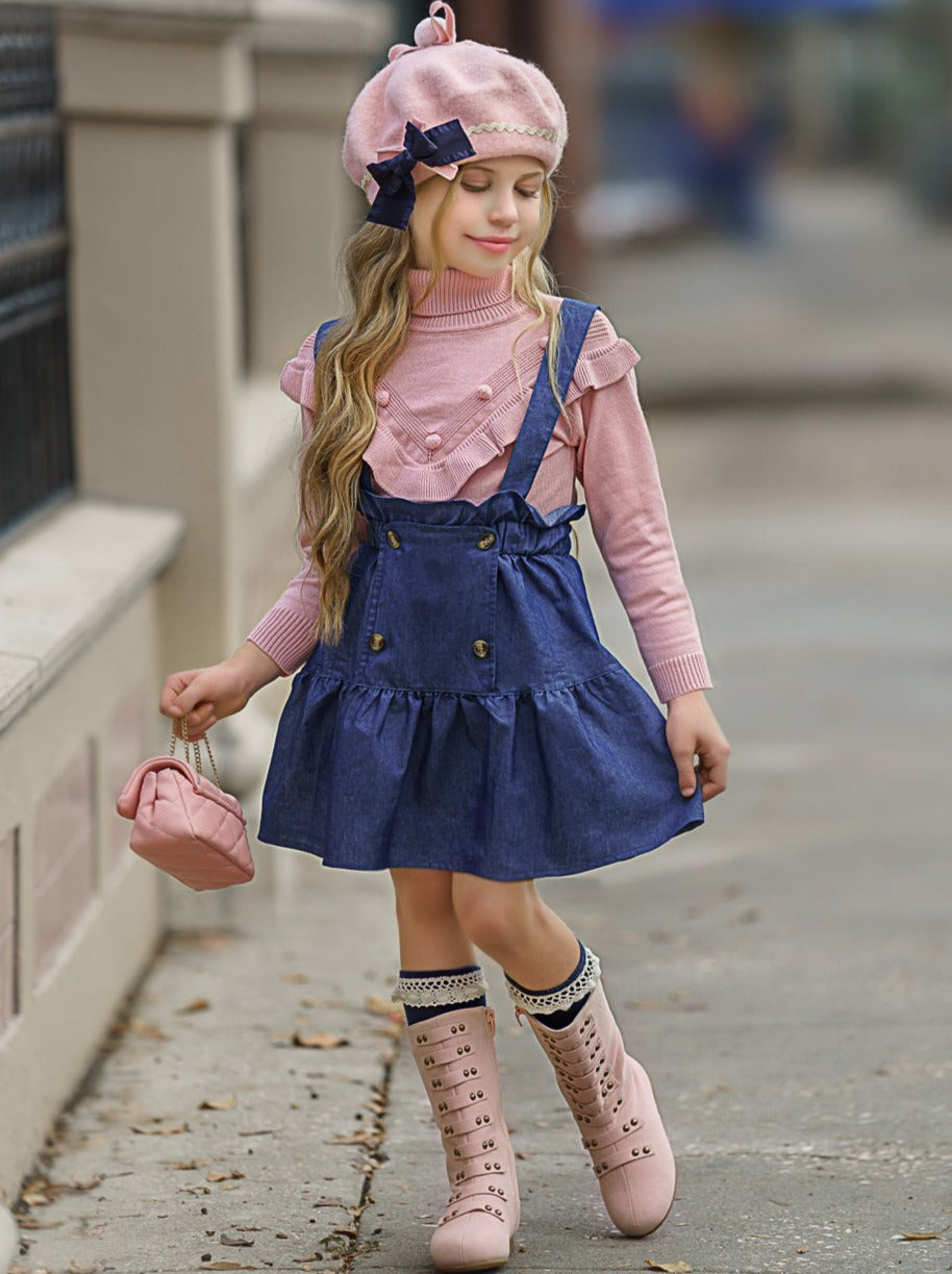 Preppy Chic Outfit | Turtleneck & Overall Skirt Set | Mia Belle Girls