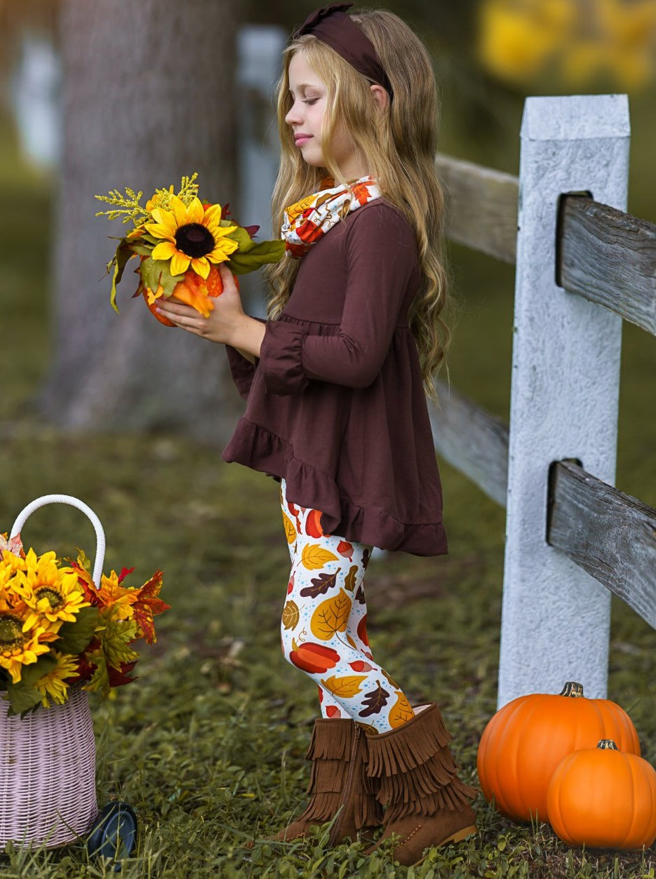 Little girls Fall long-sleeve hi-lo tunic with ruffled hem and cuffs, pumpkin/leaf print leggings, and a matching infinity wrap scarf - Mia Belle Girls