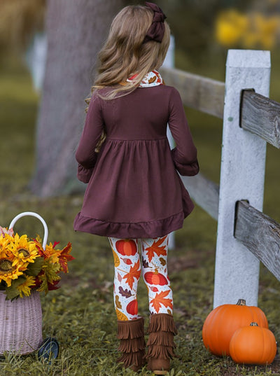 Little girls Fall long-sleeve hi-lo tunic with ruffled hem and cuffs, pumpkin/leaf print leggings, and a matching infinity wrap scarf - Mia Belle Girls