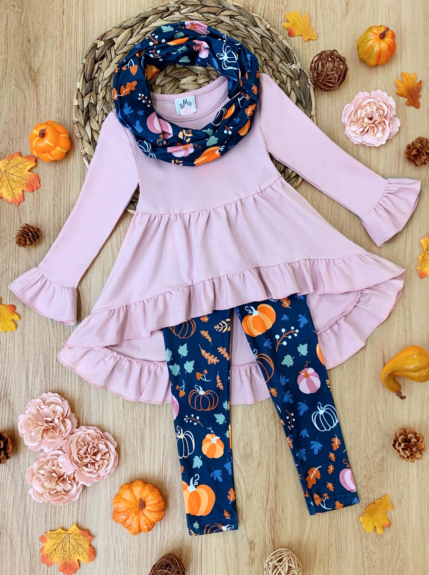 Little girls long-sleeve hi-lo tunic with ruffle cuffs and hem, pumpkin print leggings, and a matching infinity wrap scarf - Mia Belle Girls