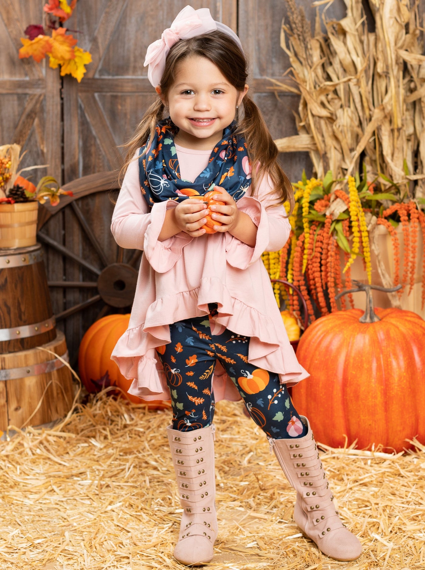 Little girls long-sleeve hi-lo tunic with ruffle cuffs and hem, pumpkin print leggings, and a matching infinity wrap scarf - Mia Belle Girls
