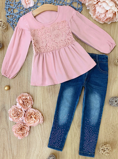 Fall Outfits | Boho Lace Tunic and Sparkle Jeans Set | Mia Belle Girls