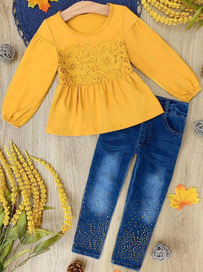 Fall Outfits | Boho Lace Tunic and Sparkle Jeans Set | Mia Belle Girls