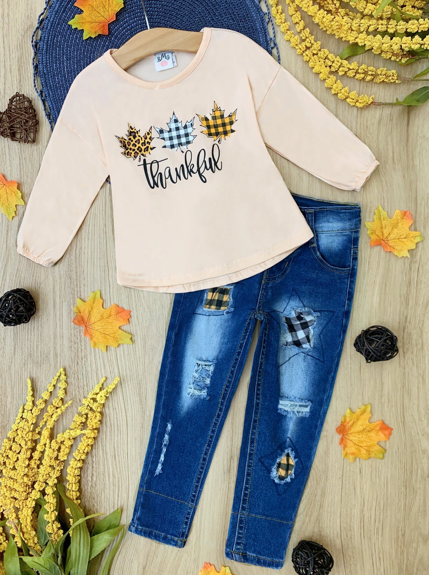 Little girls long-sleeved top with "Thankful" plaid leaf graphic print and matching plaid patched jeans - Mia Belle Girls