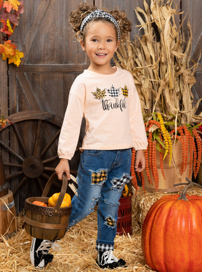 Girls Fall Outfit | Thankful Top & Patched Jeans Set - Mia Belle Girls