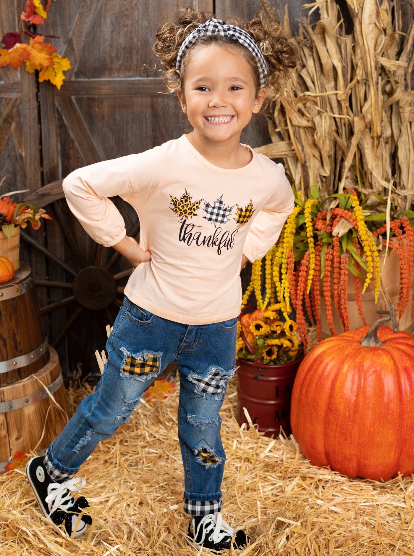 Girls Fall Outfit | Thankful Top & Patched Jeans Set - Mia Belle Girls