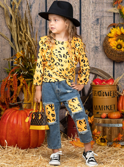 Little girls Fall long-sleeved yellow leopard print top with ruffle shoulders and matching patched jeans - Mia Belle Girls