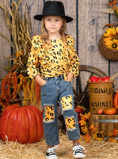 Little girls Fall long-sleeved yellow leopard print top with ruffle shoulders and matching patched jeans - Mia Belle Girls