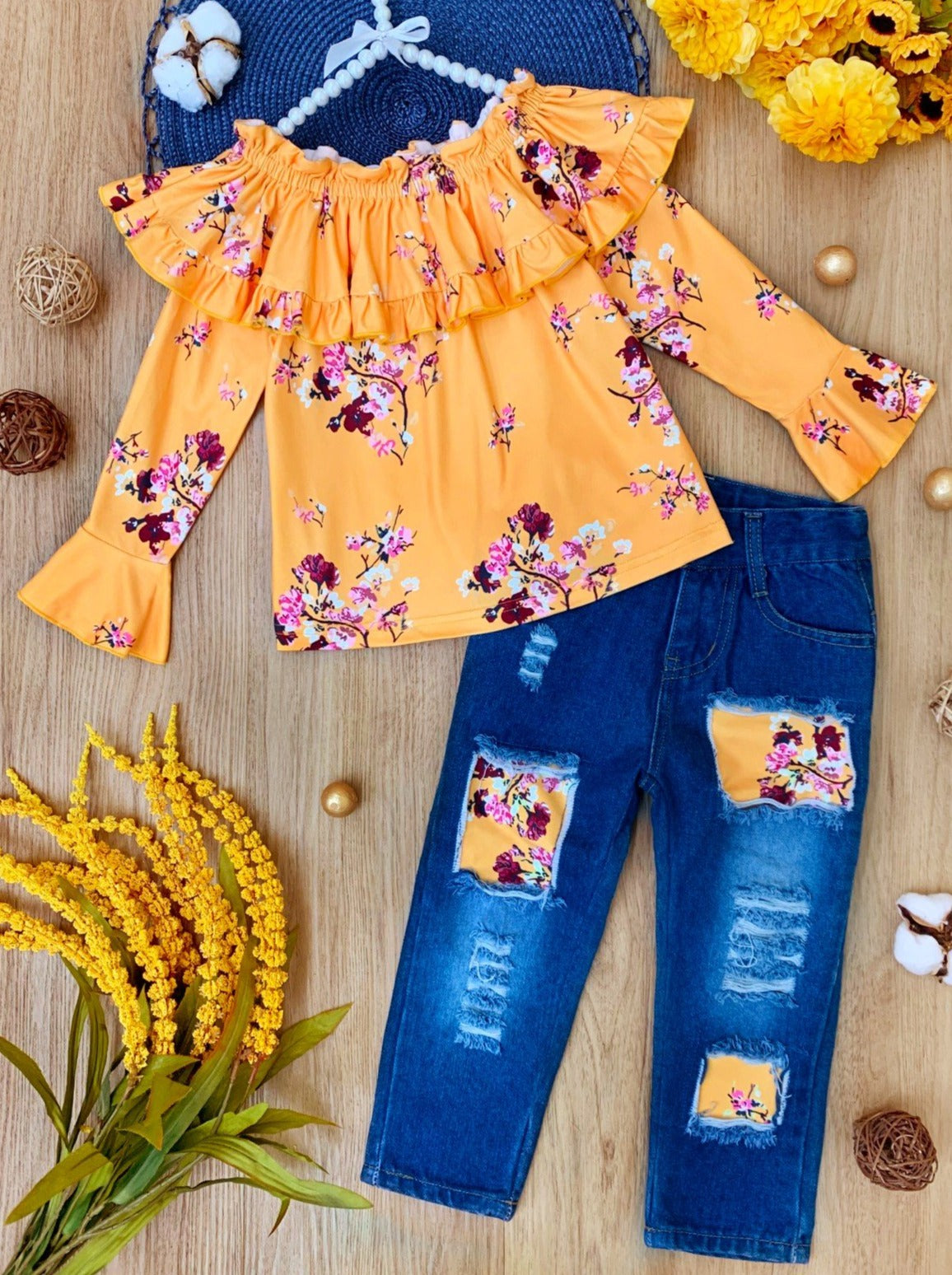 Cute Outfits For Girls | Fall Floral Top & Patched Jeans Set