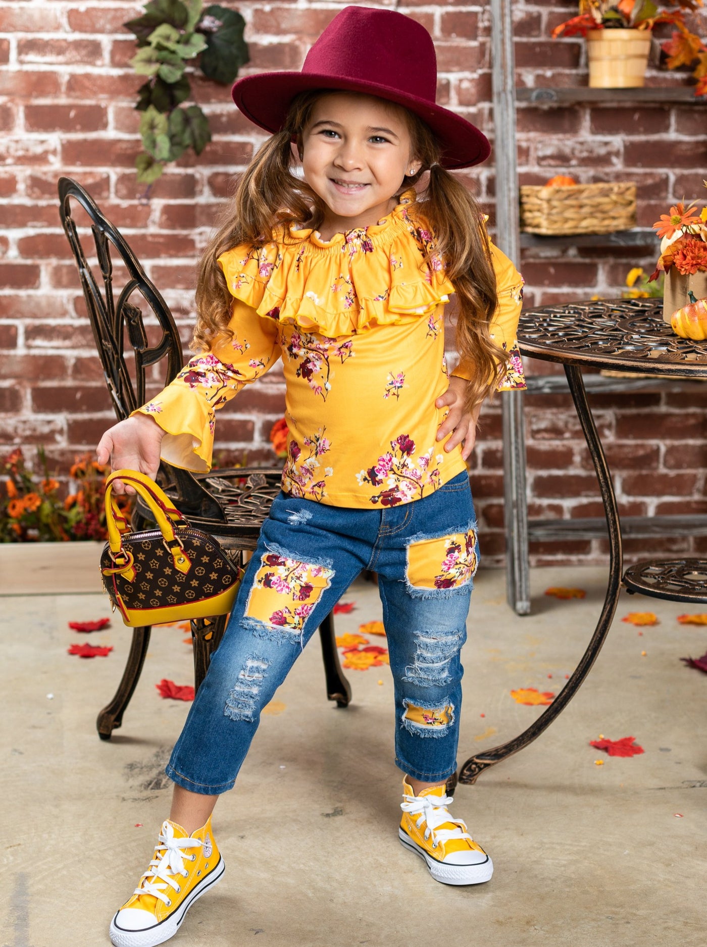 Cute Outfits For Girls | Fall Floral Top & Patched Jeans Set