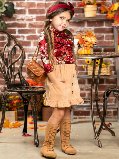 Cute Outfits For Girls | Fall Floral Velvet Top and Ruffled Skirt Set