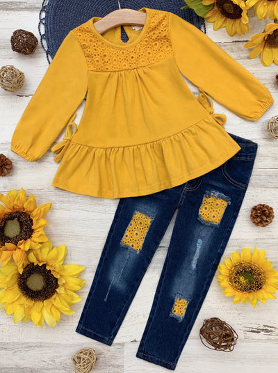 Girls Casual Fall Denim Sets | Yellow Tunic And Patched Jeans Set