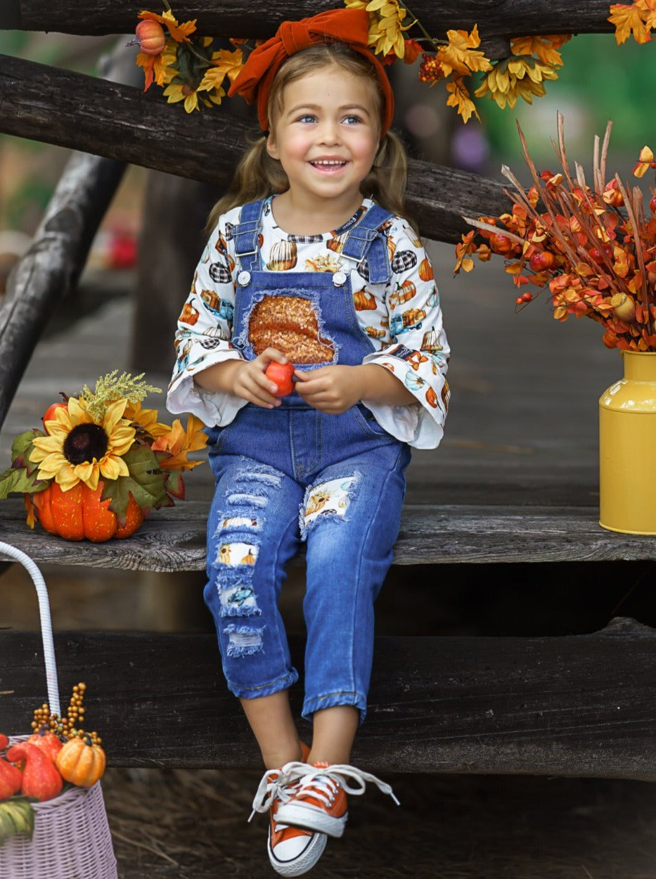 Girls Fall Outfits | Pumpkin Top & Patched Overalls Set - Mia Belle Girls