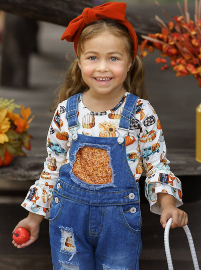 Girls Fall Outfits | Pumpkin Top & Patched Overalls Set - Mia Belle Girls