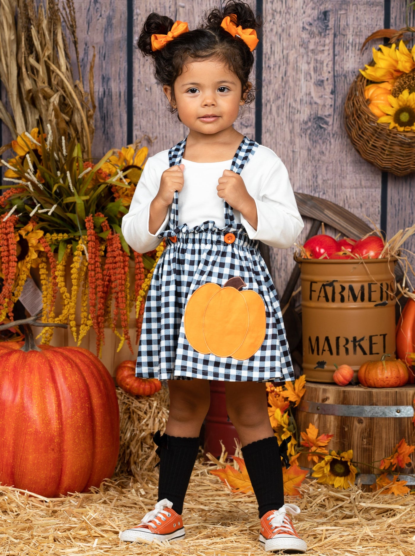 Toddlers Fall Outfits | Long Sleeve Top & Plaid Overall Skirt Set