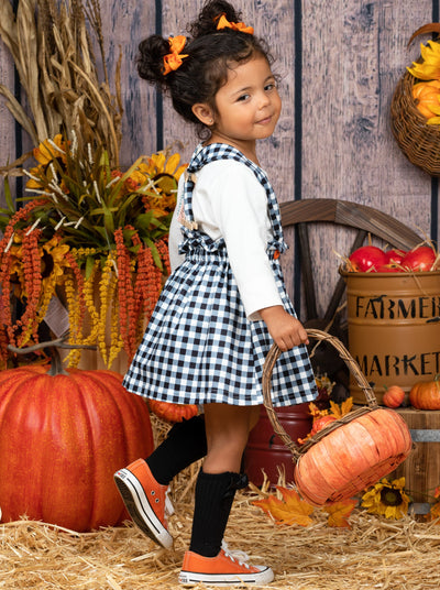 Toddlers Fall Outfits | Long Sleeve Top & Plaid Overall Skirt Set