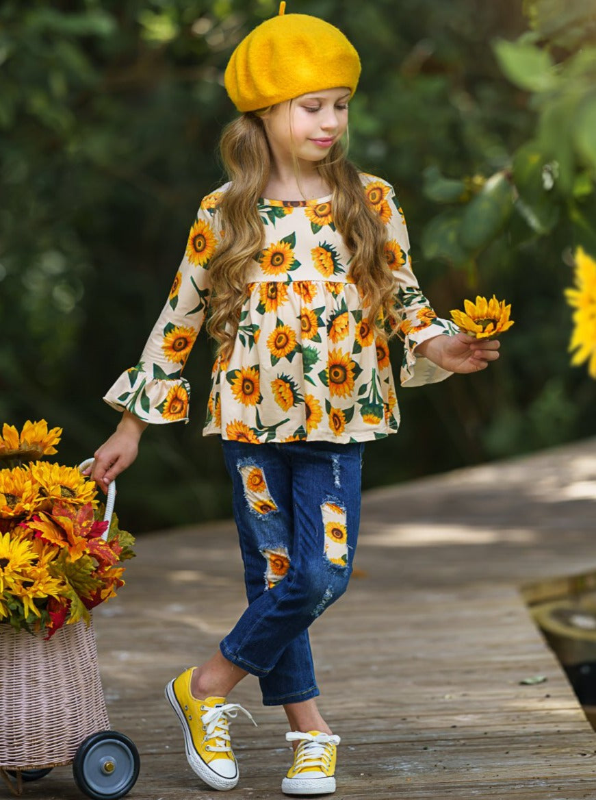 Fall Outfits | Sunflower Patched Jeans Set | Cute Fall Girls Sets