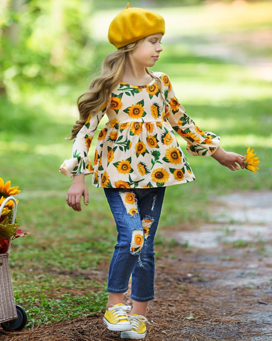 Fall Outfits | Sunflower Patched Jeans Set | Cute Fall Girls Sets