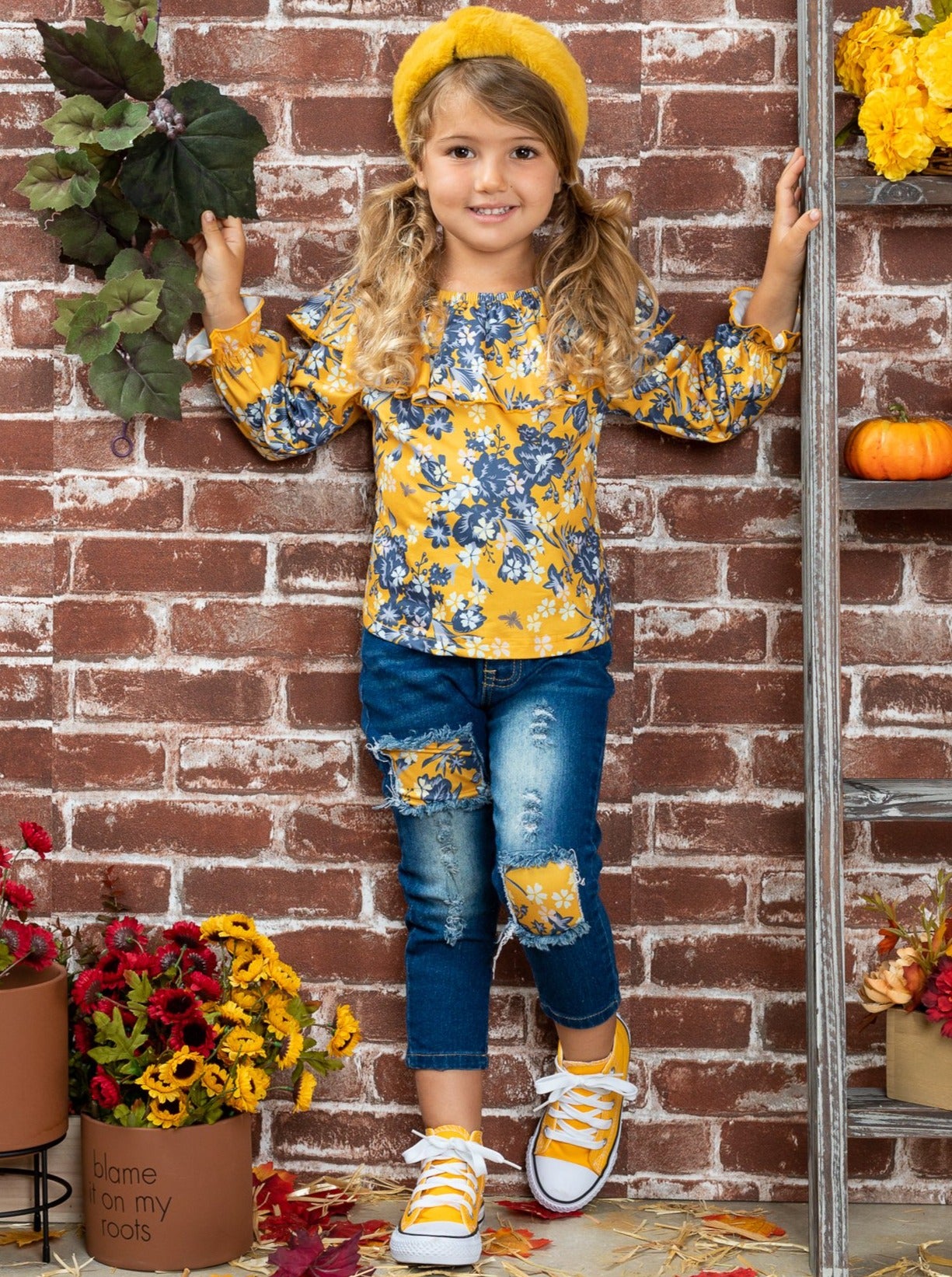 Girls Wildflowers Ruffled Bib Top and Patched Jeans Set