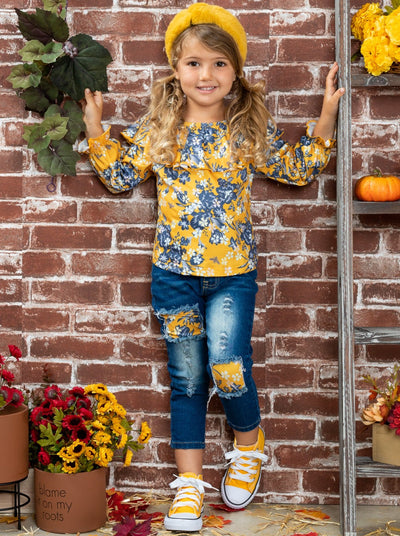 Girls Wildflowers Ruffled Bib Top and Patched Jeans Set