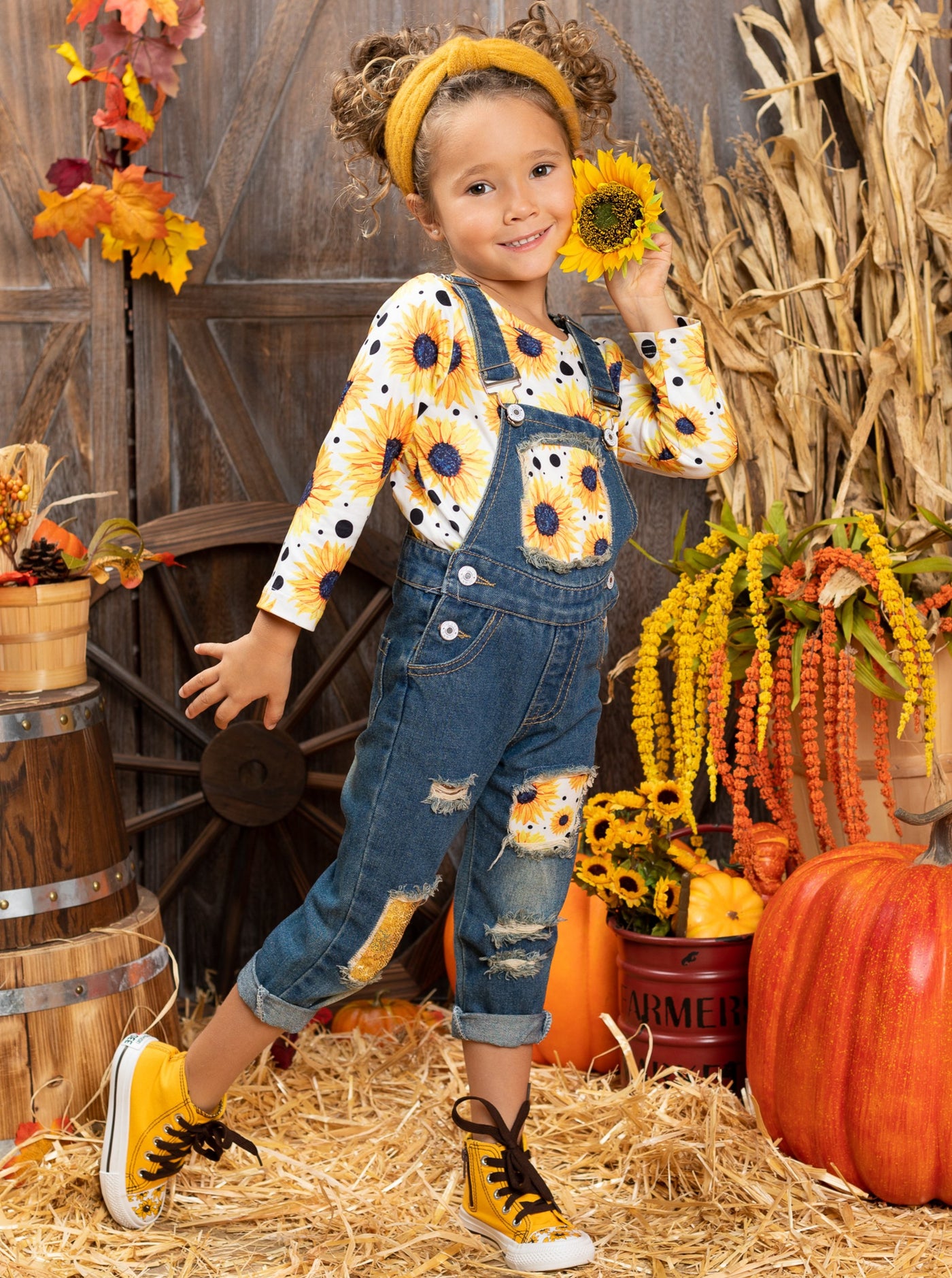 Girls fall long-sleeved sunflower print top and sequin patched denim overalls with adjustable shoulder straps and cuffed hems - Mia Belle Girls