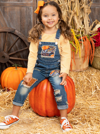 Girls Fall Striped Top & Patched Overall Jeans Set - Mia Belle Girls