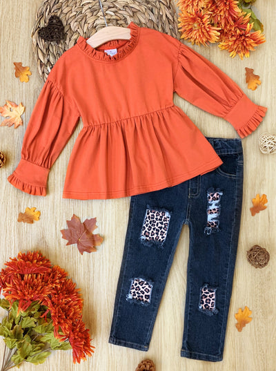 Fall Outfits | Leopard Print Patched Jeans Set | Cute Fall Girls Sets