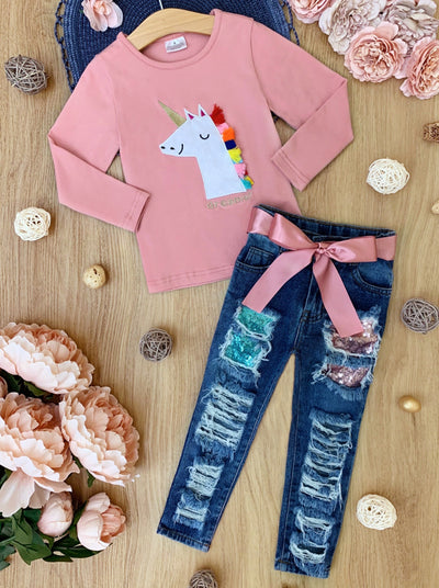 Little girls fall long-sleeved pullover top with a unicorn with rainbow mane applique and sequin patched jeans with a satin sash belt - Mia Belle Girls