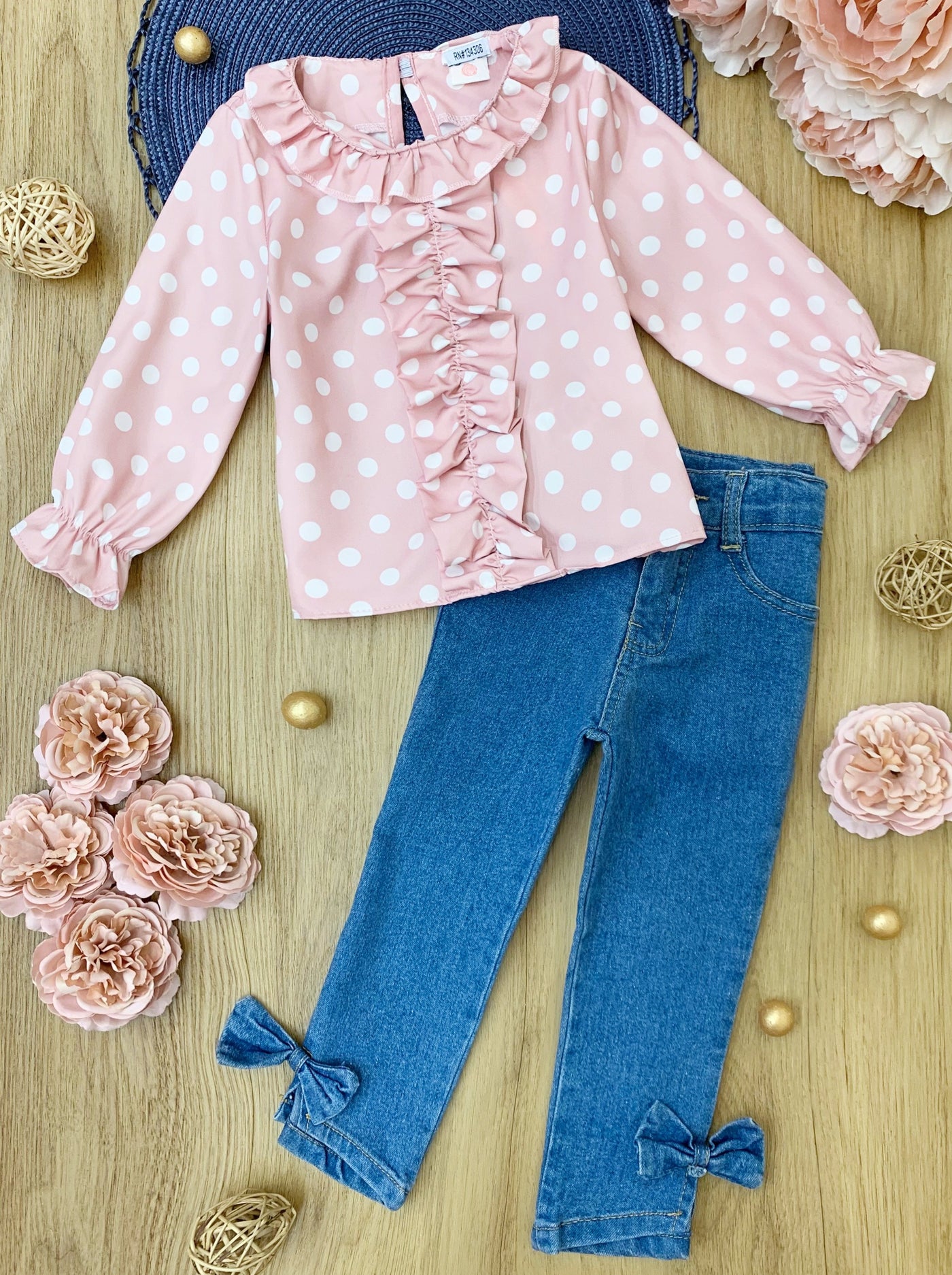 Toddlers Fall Outfits | Girls Ruffle Polka Dot Top & Bow Jeans Set