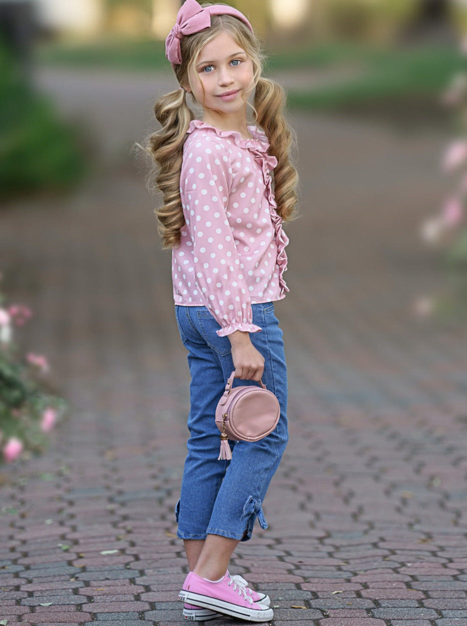 Toddlers Fall Outfits | Girls Ruffle Polka Dot Top & Bow Jeans Set