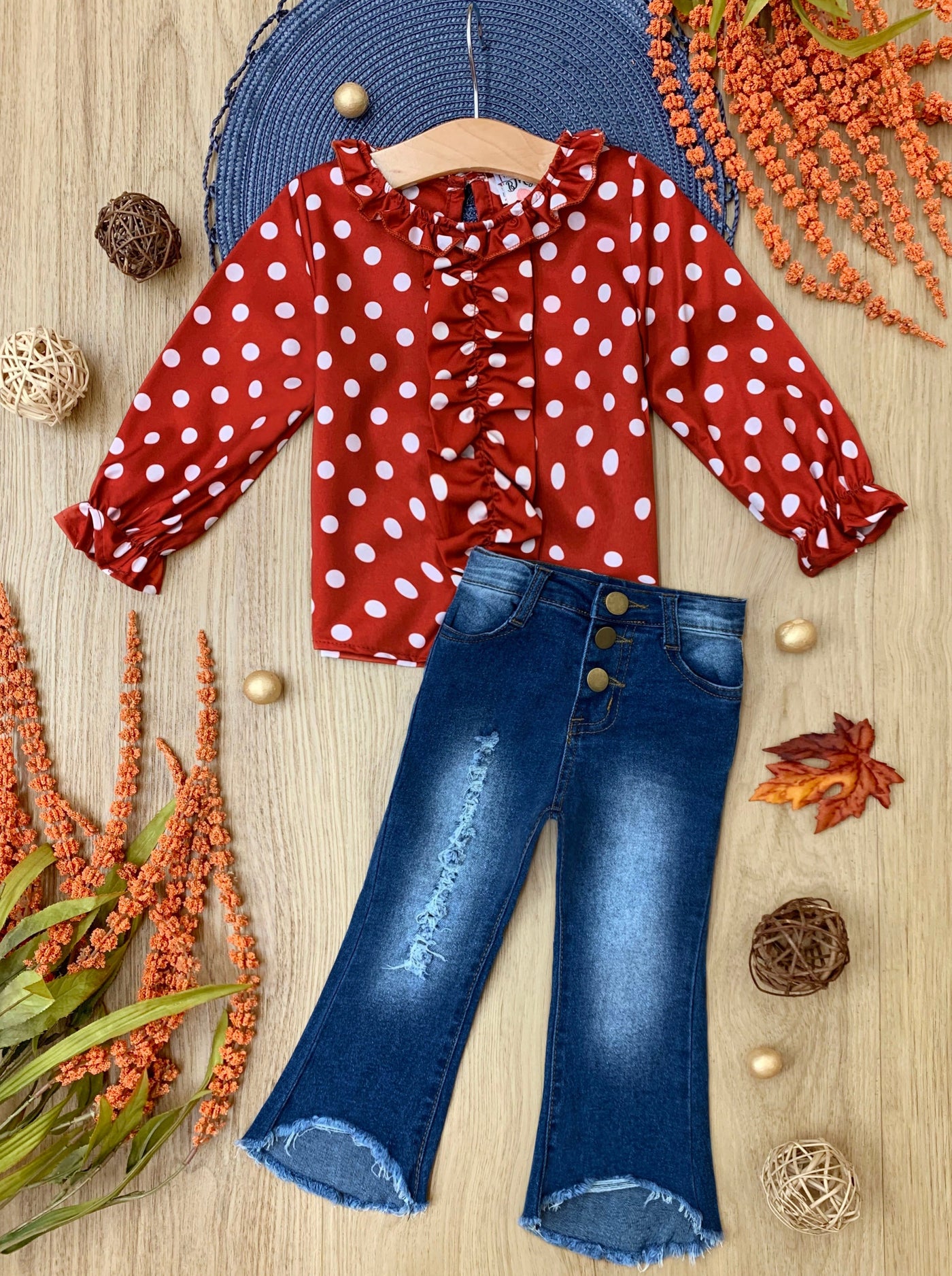 Girls Fall Clothes | Polka Dot Top and High-Waisted Jeans Set 