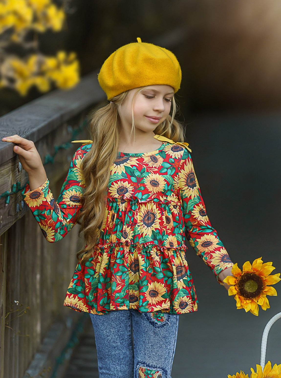Fall Outfits | Sunflower Runic & Patched Jeans Set | Cute Girls Sets