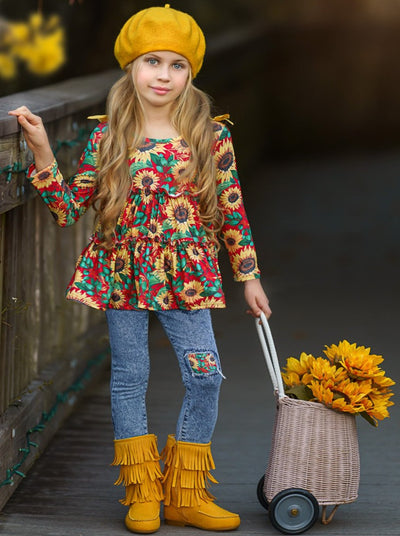Fall Outfits | Sunflower Runic & Patched Jeans Set | Cute Girls Sets