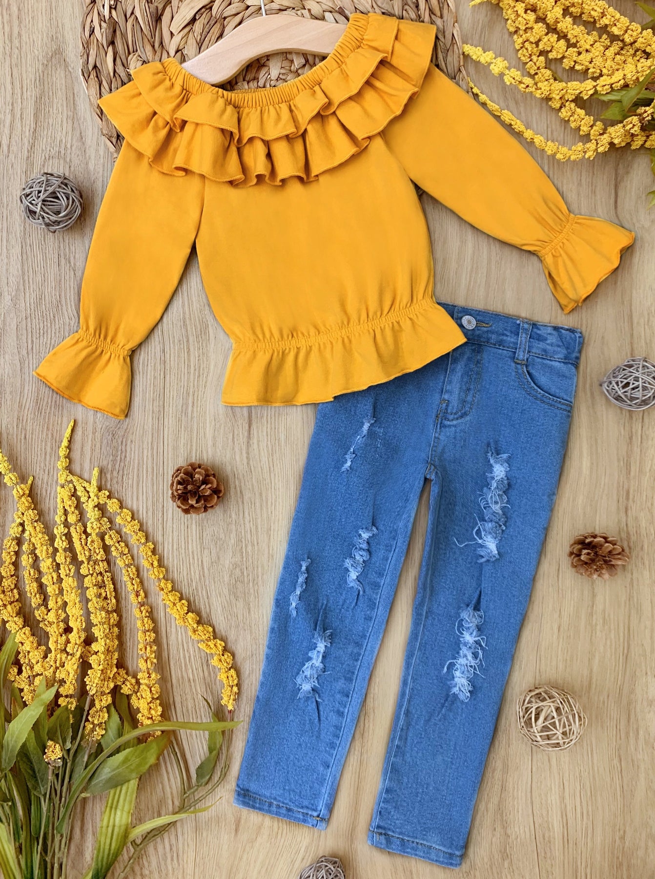 Fall Outfits | Ruffle Top & Distressed Jeans Set | Cute Girls Set – Mia ...