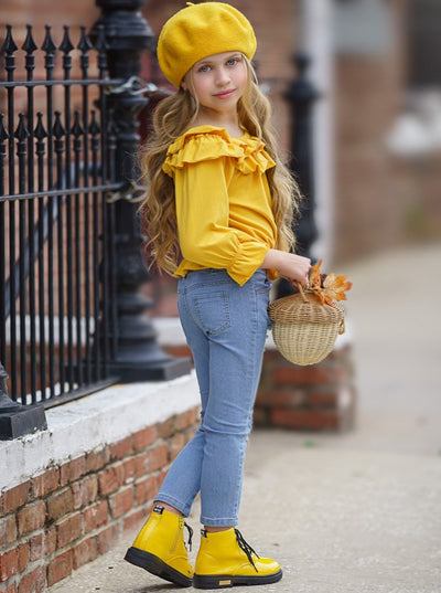 Fall Outfits | Ruffle Top & Distressed Jeans Set | Cute Girls Set