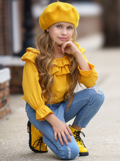 Fall Outfits | Ruffle Top & Distressed Jeans Set | Cute Girls Set